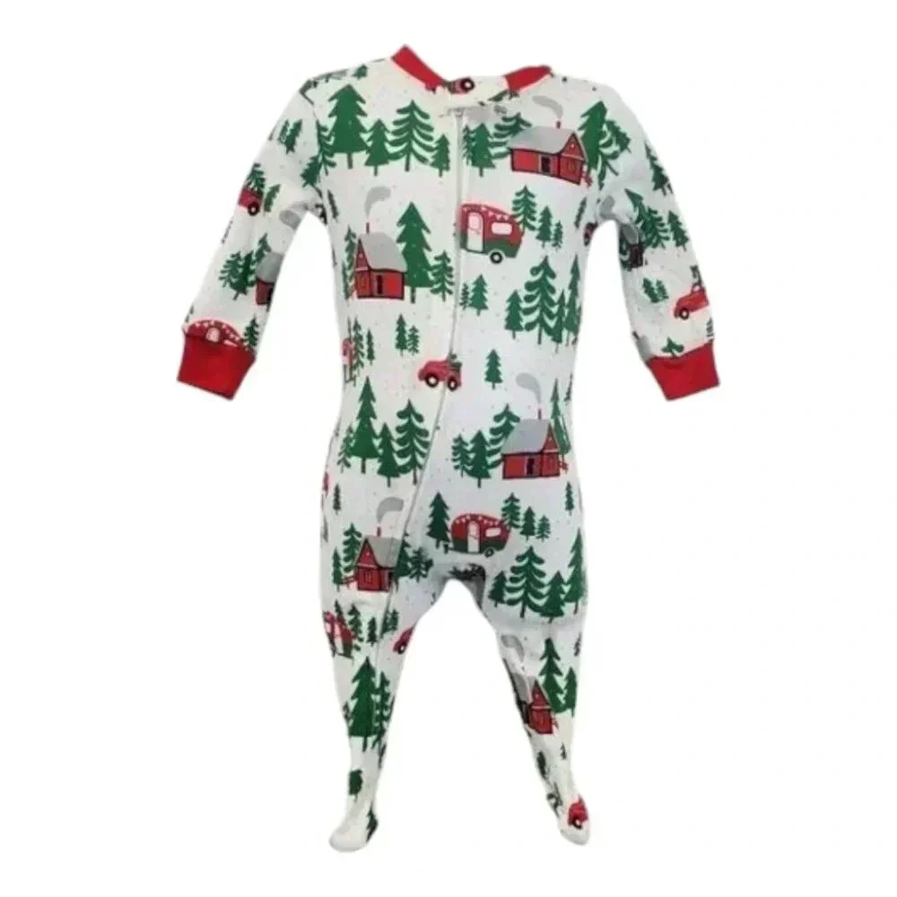 0-3 Month Infant Forest Theme White and Green Footed Christmas Onesies